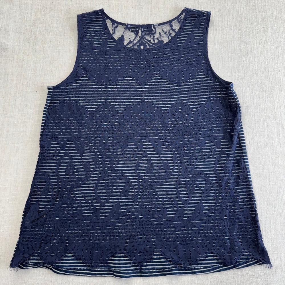 Cupcakes and Cashmere Navy White Striped Lace Back Tank Top Womens Size Medium - Picture 7 of 16
